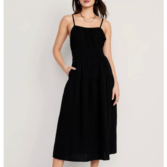 Old Navy Black Smocked Tiered Cami Dress  XXL Pockets Womens Midi Sleeveless - Picture 1 of 8